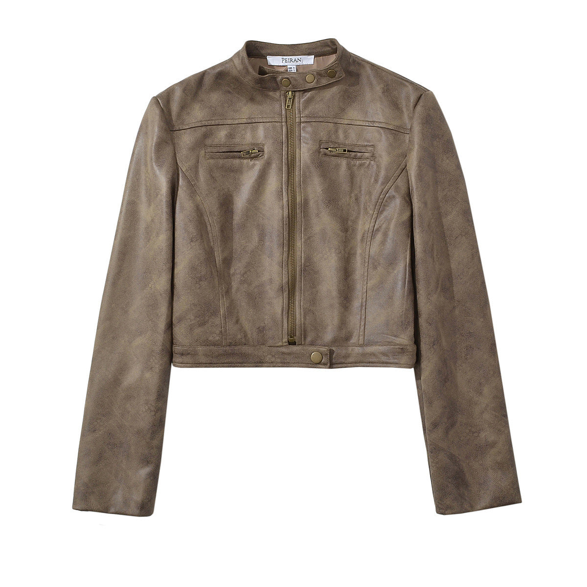 Retro short jacket for women with a narrow stand-up collar made of faux suede