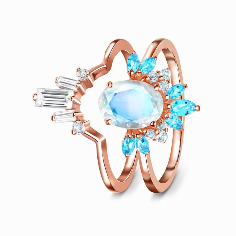 Sterlingsilber Doppelring mit Mondstein – Roségold Eleganz im Europäischen Stil