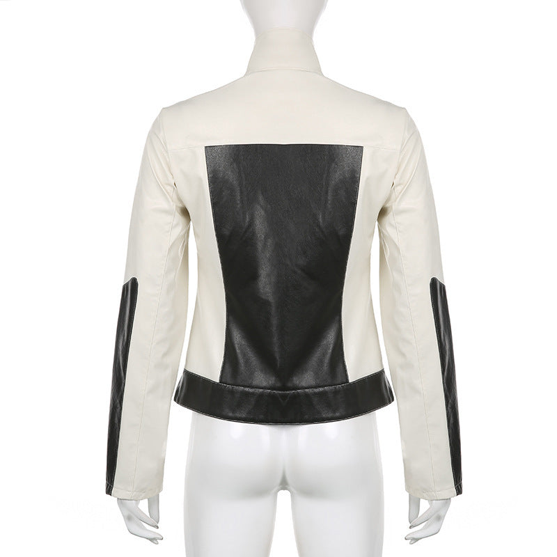 Patchwork-Lederjacke, schlank geschnitten, mit Kragen, lässig