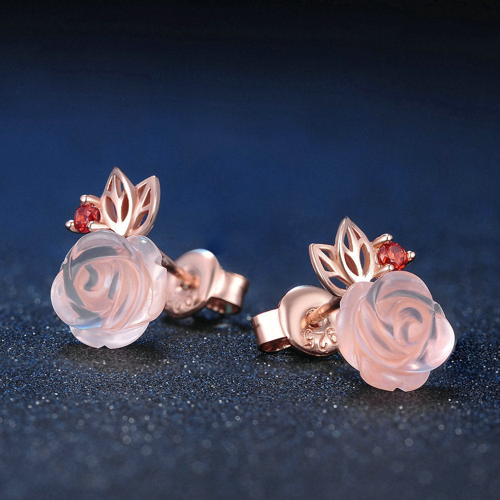 Flower Rose Quartz Gemstones 18K Rose Gold Plated Fine Jewelry Silver Set