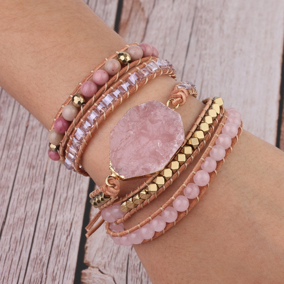 Pulsera Wrap de Cuarzo Rosa – Estilo Boho con Piedra Natural
