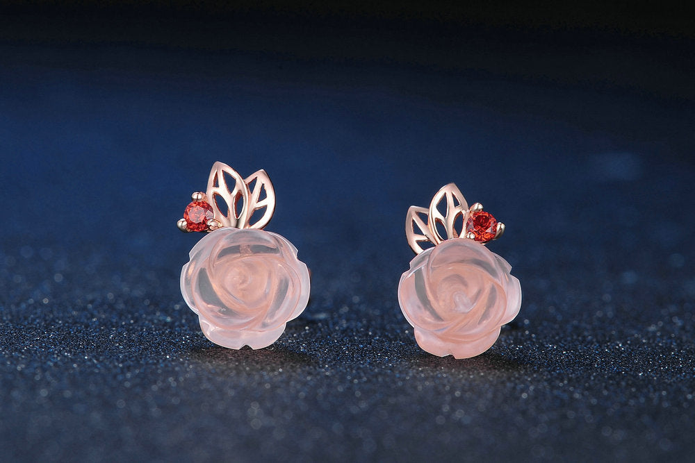 Flower Rose Quartz Gemstones 18K Rose Gold Plated Fine Jewelry Silver Set