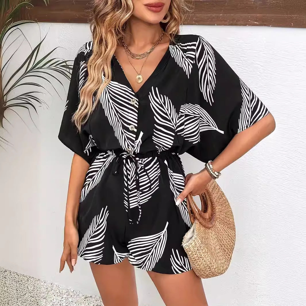 Eleganter V-Ausschnitt Jumpsuit mit Schnürung und Blumenmuster – Perfekt für deinen stilvollen Alltag