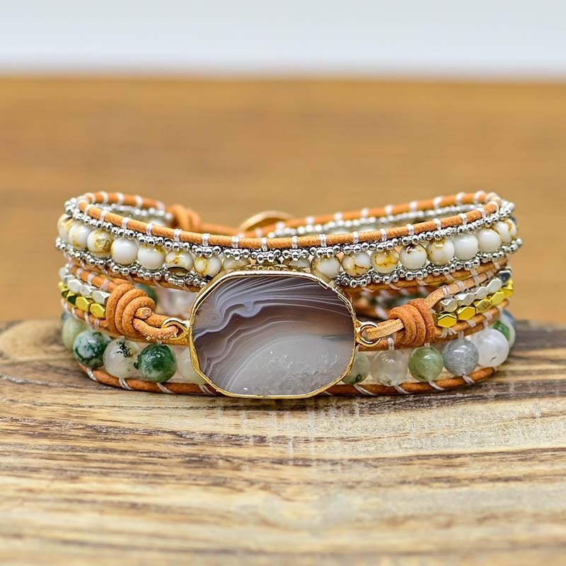 Naturgeschnittenes Achat-Armband – Handgewebt mit Legierungsperlen