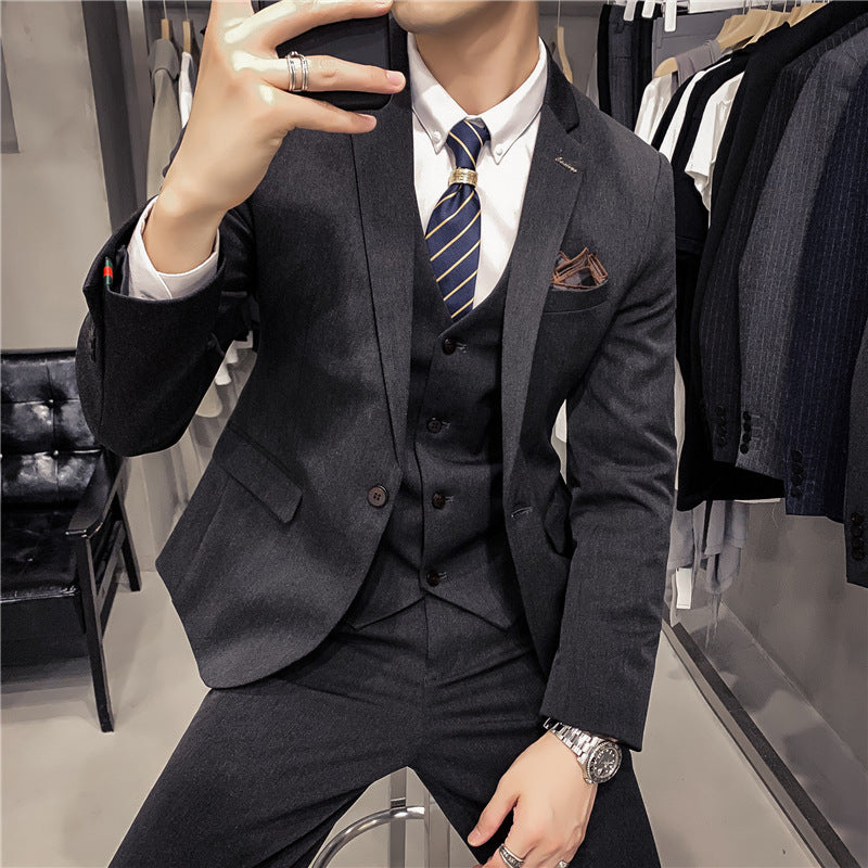 Slim Fit Solid Color One-Button Business Three-Piece Suit