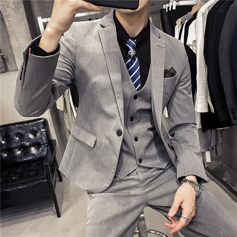 Slim Fit Solid Color One-Button Business Three-Piece Suit