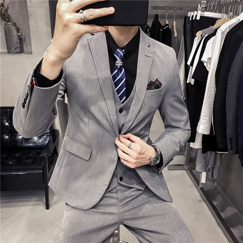 Slim Fit Solid Color One-Button Business Three-Piece Suit
