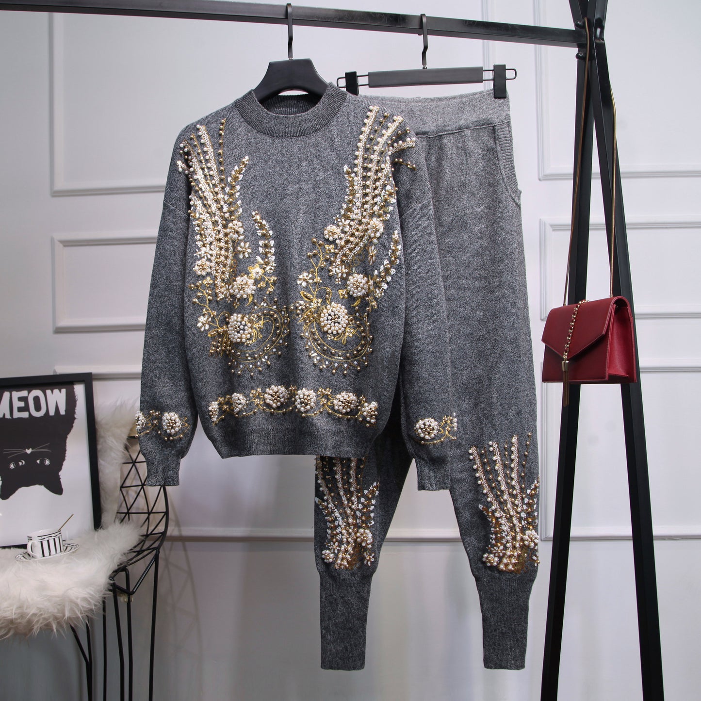 Women's Sequin Bead Long-sleeved Sweater Trousers Two-piece Set – Glamour trifft Komfort