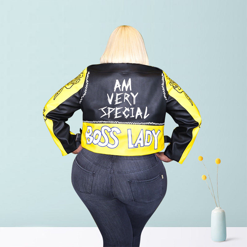 Letter printed, street-ready motorcycle clothing, plus sizes, women's leather clothing