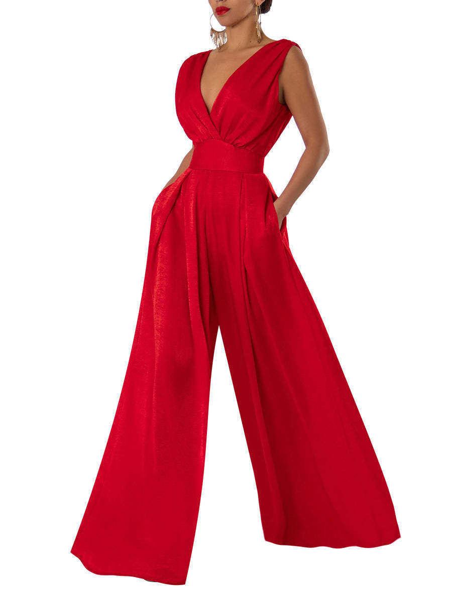 Solid Color V-Ausschnitt High-Waist Jumpsuit mit weiten Hosenbeinen
