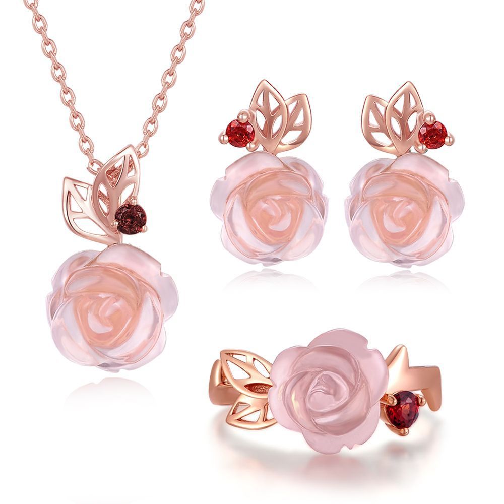 Flower Rose Quartz Gemstones 18K Rose Gold Plated Fine Jewelry Silver Set