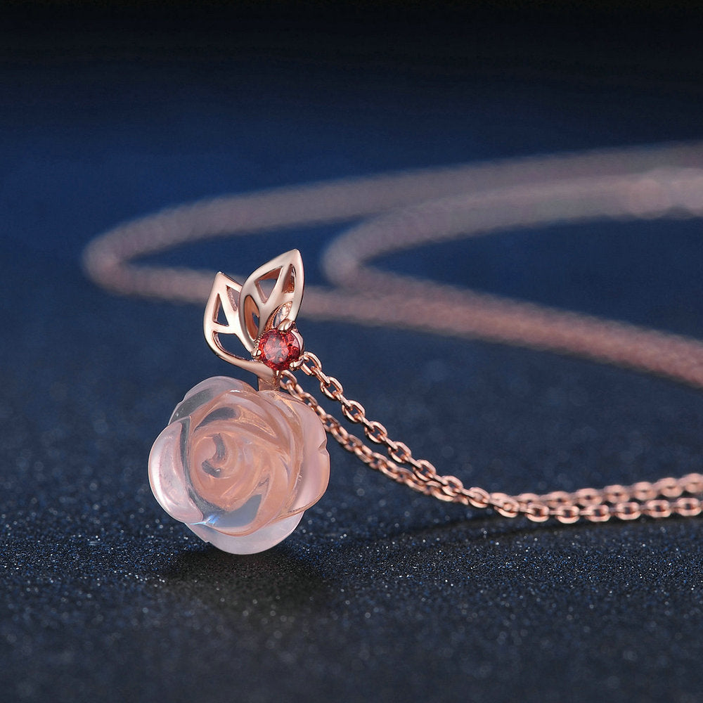 Flower Rose Quartz Gemstones 18K Rose Gold Plated Fine Jewelry Silver Set