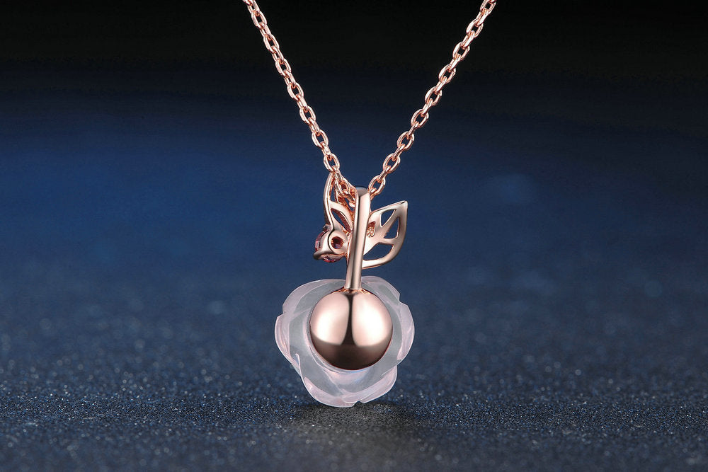 Flower Rose Quartz Gemstones 18K Rose Gold Plated Fine Jewelry Silver Set