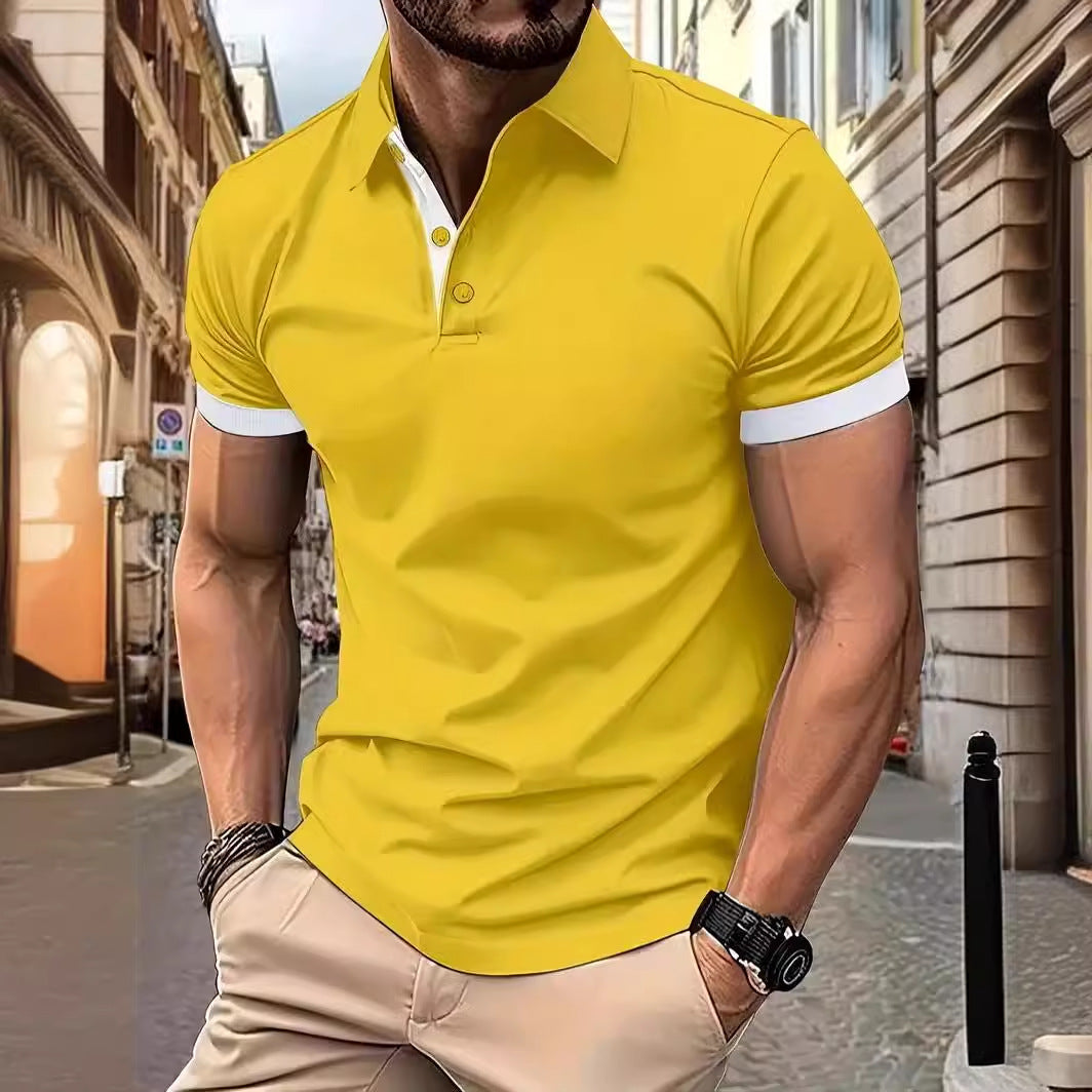 Polo 3D de color liso con solapas, manga corta, casual y suelto para hombre.