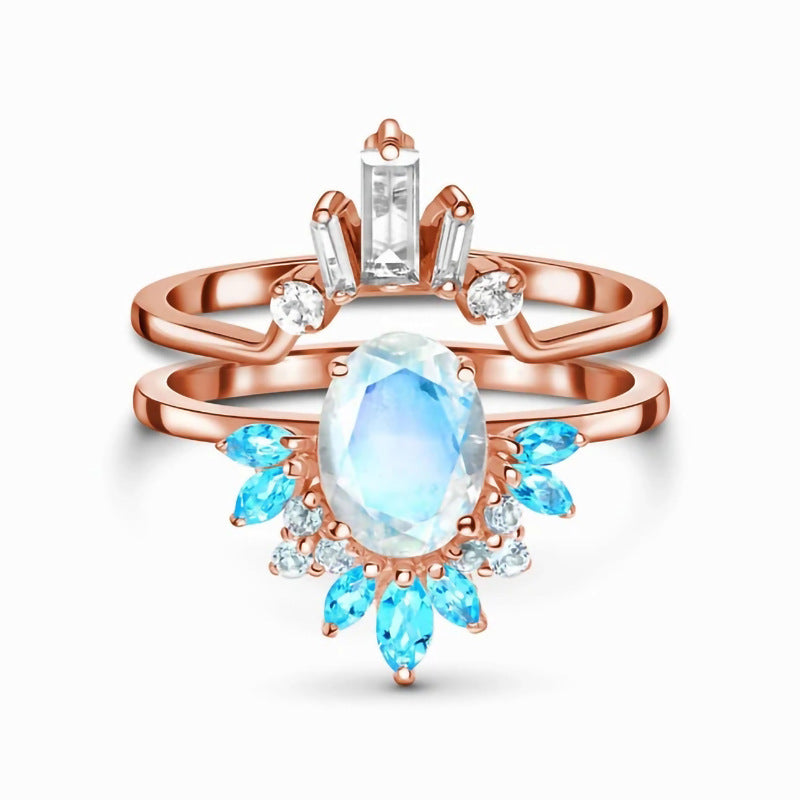Sterlingsilber Doppelring mit Mondstein – Roségold Eleganz im Europäischen Stil