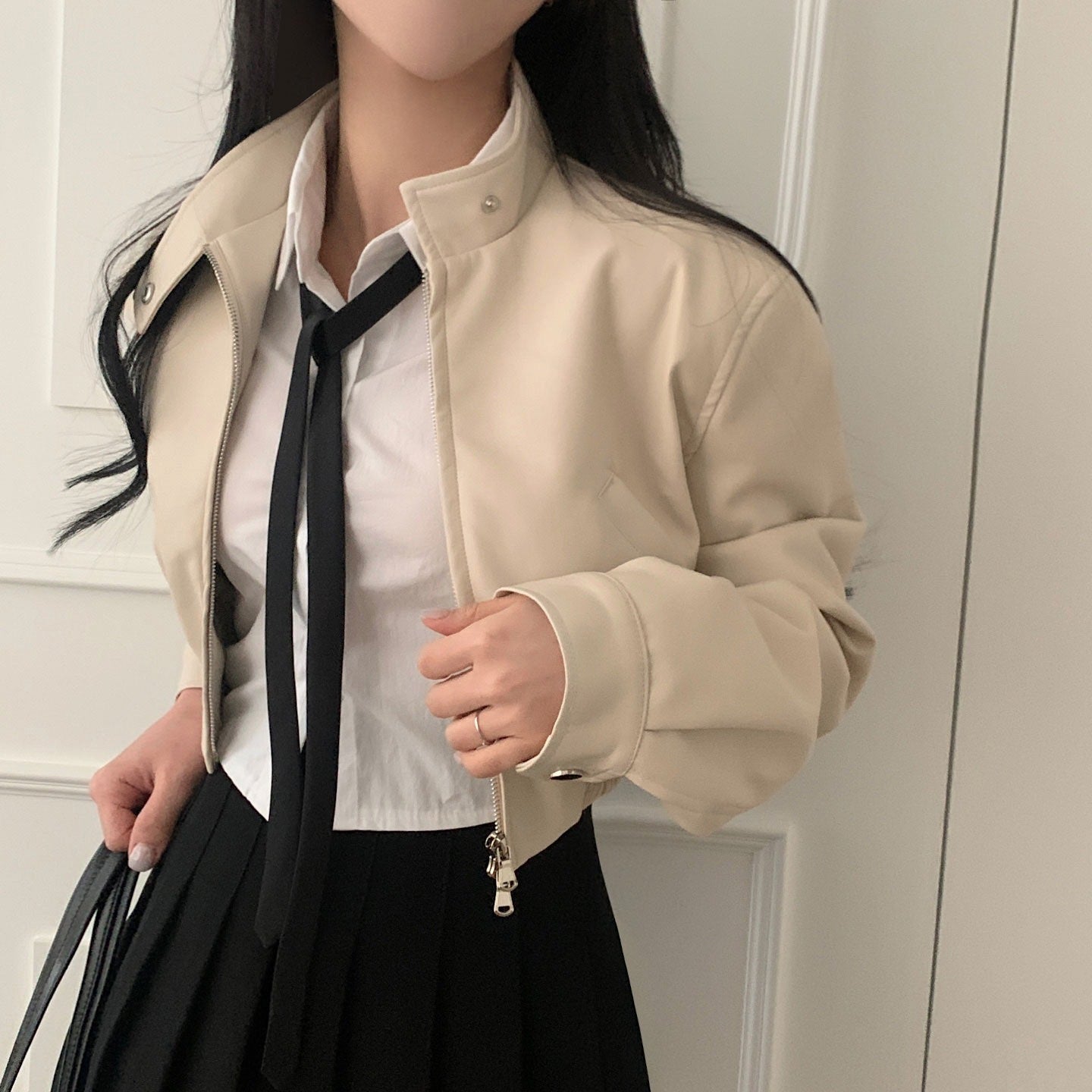 French retro design biker leather jacket for women with zip, stand collar, elastic waist and short cut