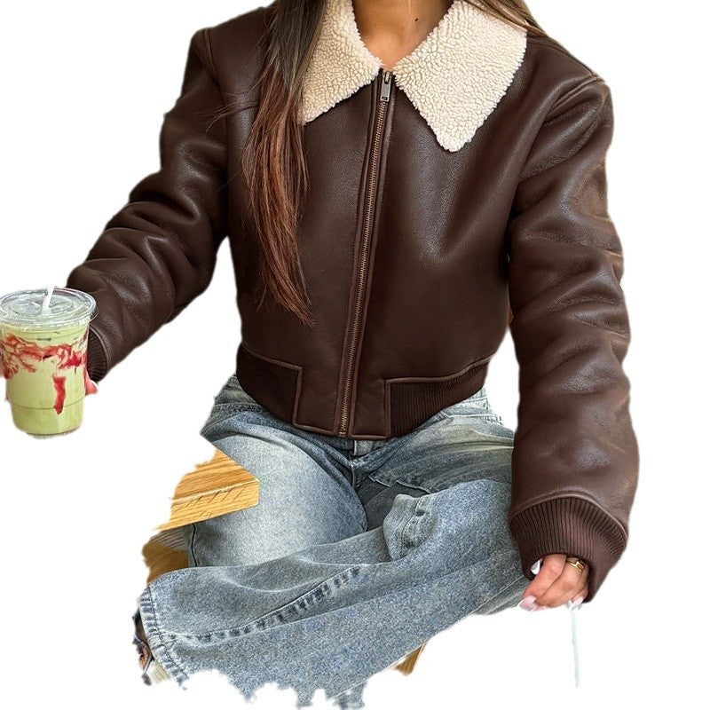 Solid faux leather jacket with knitted fur collar and zipper in basic street fashion style