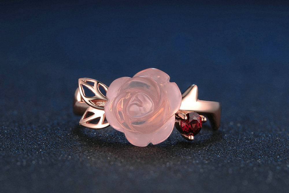 Flower Rose Quartz Gemstones 18K Rose Gold Plated Fine Jewelry Silver Set
