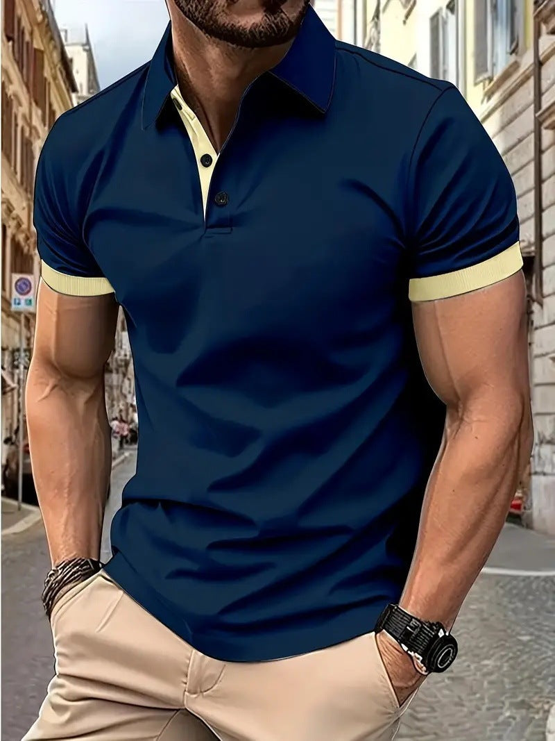 Polo 3D de color liso con solapas, manga corta, casual y suelto para hombre.