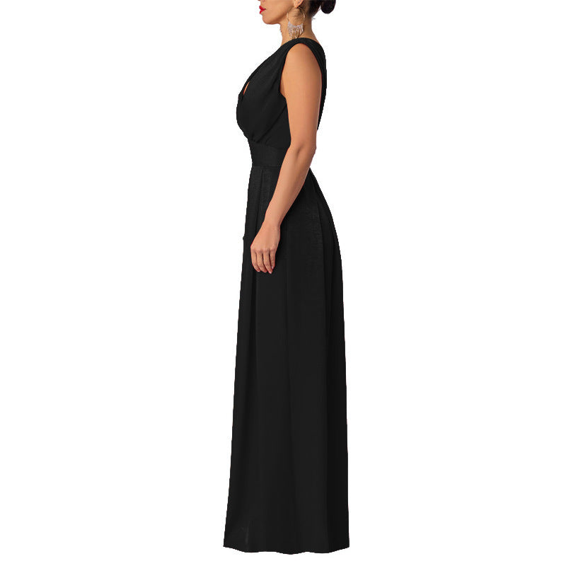 Solid Color V-Ausschnitt High-Waist Jumpsuit mit weiten Hosenbeinen