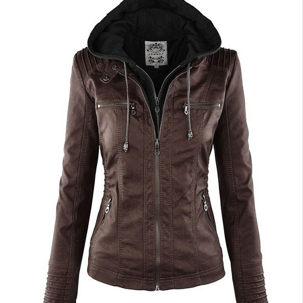 Damen-Lederjacke mit abnehmbarem Revers, langen Ärmeln und Reißverschluss