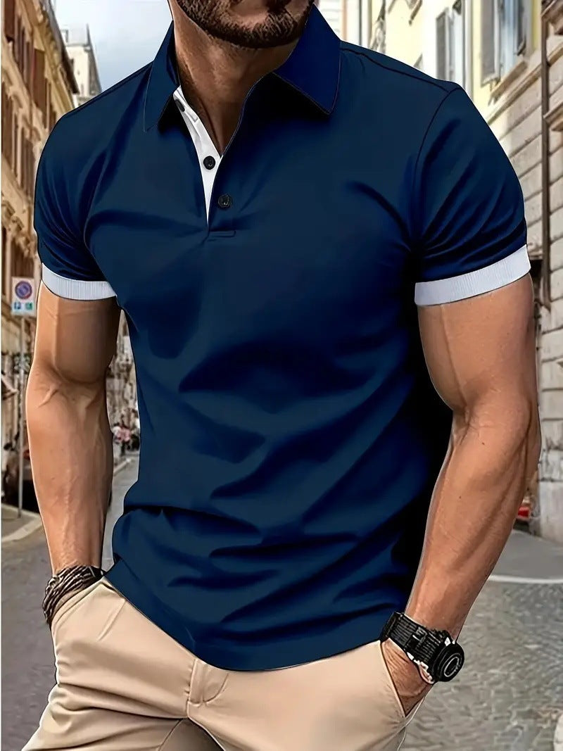 Polo 3D de color liso con solapas, manga corta, casual y suelto para hombre.