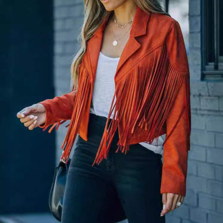 Damen-Slim-Fit-Langarm-Fransenmantel