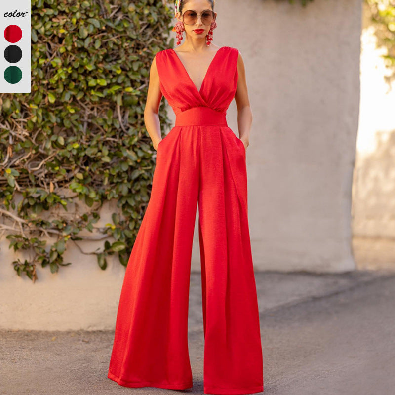 Solid Color V-Ausschnitt High-Waist Jumpsuit mit weiten Hosenbeinen