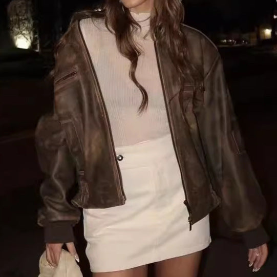 Retro leather jacket in used look – street style short jacket for women in American style