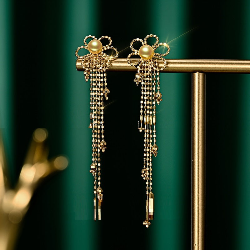 Nuevo diseño de lujo Pendientes premium de perlas de encaje de oro de 18 quilates