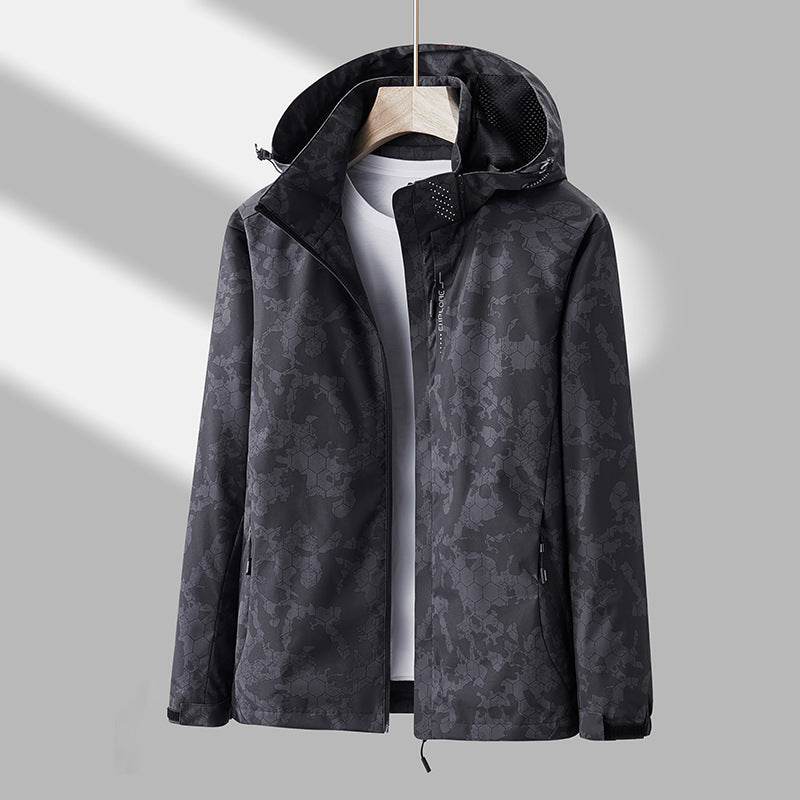 Printed Hooded Windbreaker, Unisex Fashion Solid Color Zipper Jacket Waterproof Windproof Outdoor Clothing for Women Men