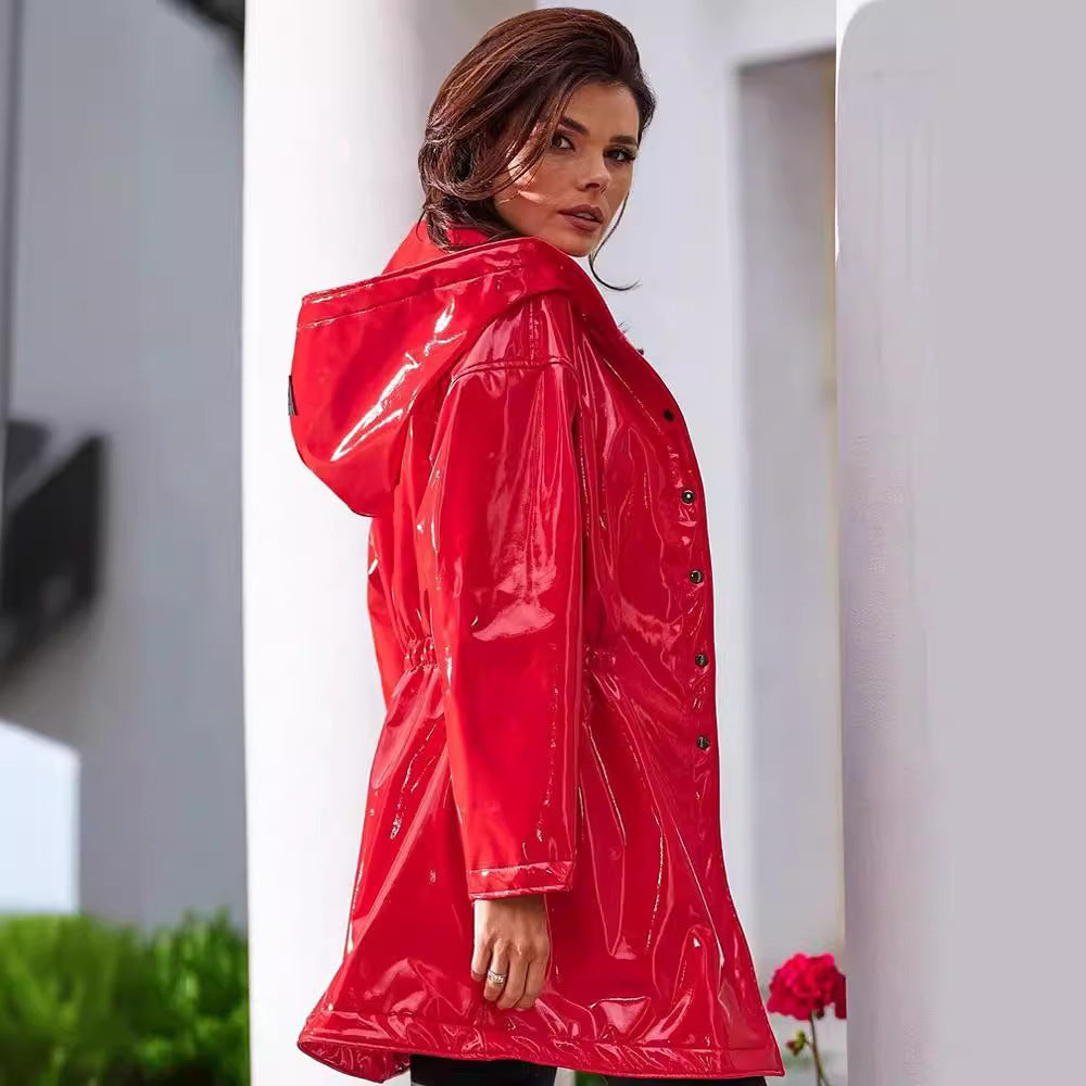 Medium to long shiny leather coat