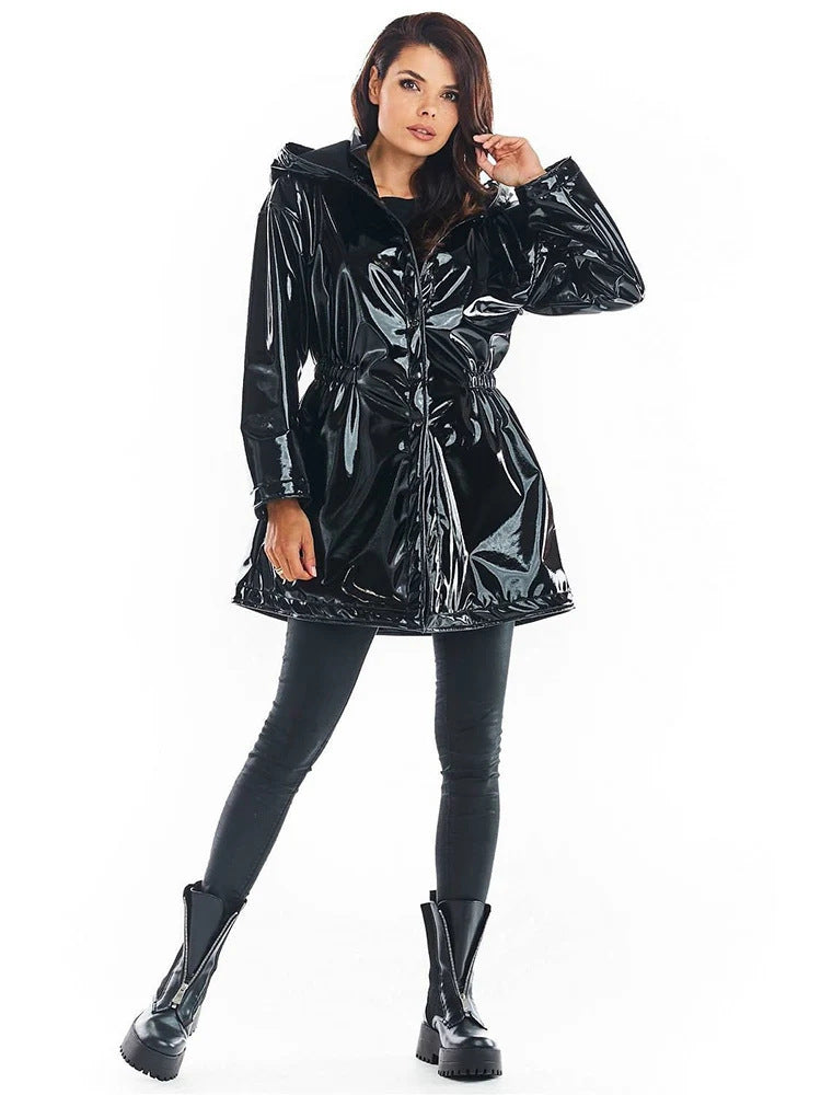 Medium to long shiny leather coat