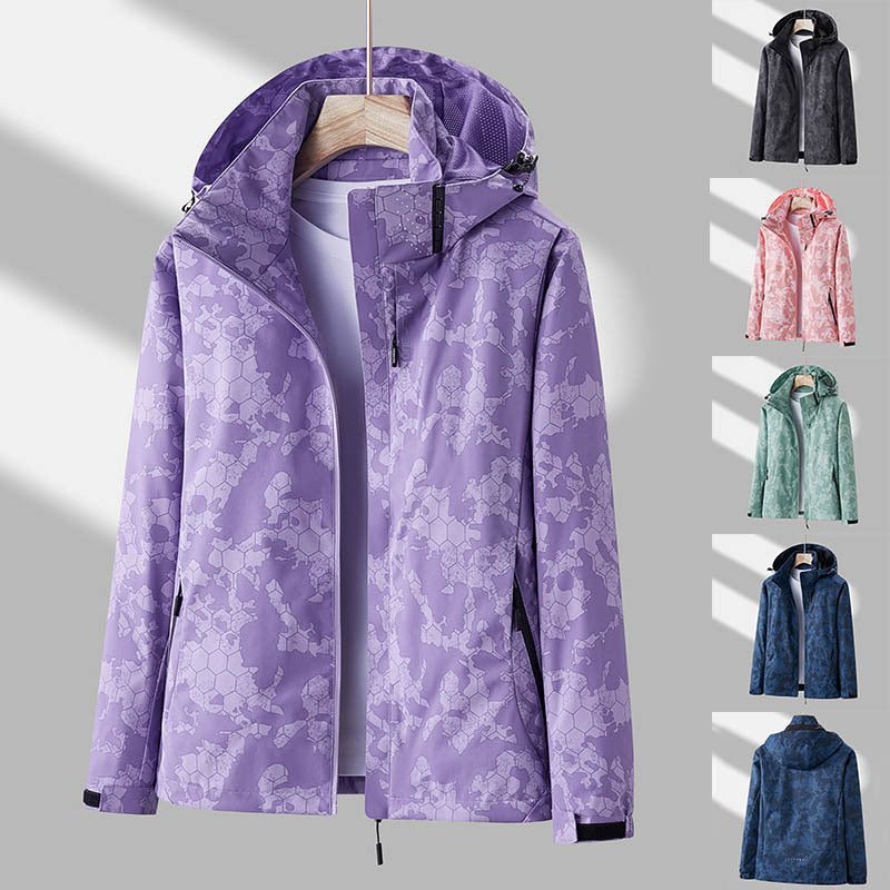 Printed Hooded Windbreaker, Unisex Fashion Solid Color Zipper Jacket Waterproof Windproof Outdoor Clothing for Women Men