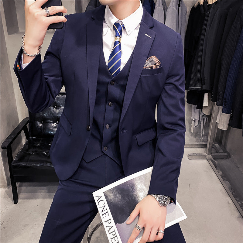 Slim Fit Solid Color One-Button Business Three-Piece Suit
