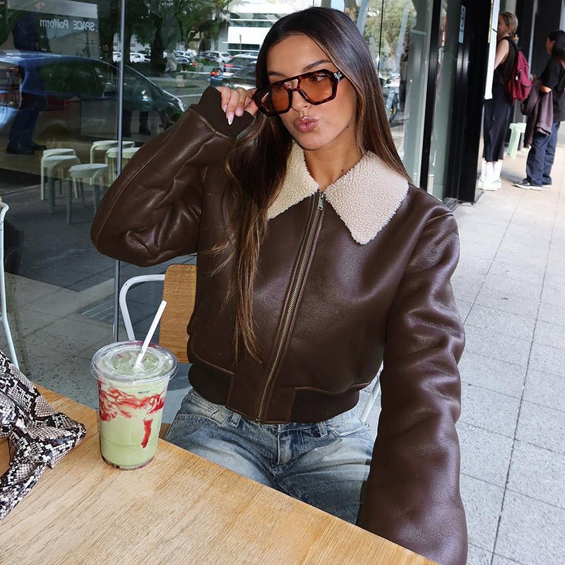 Solid faux leather jacket with knitted fur collar and zipper in basic street fashion style