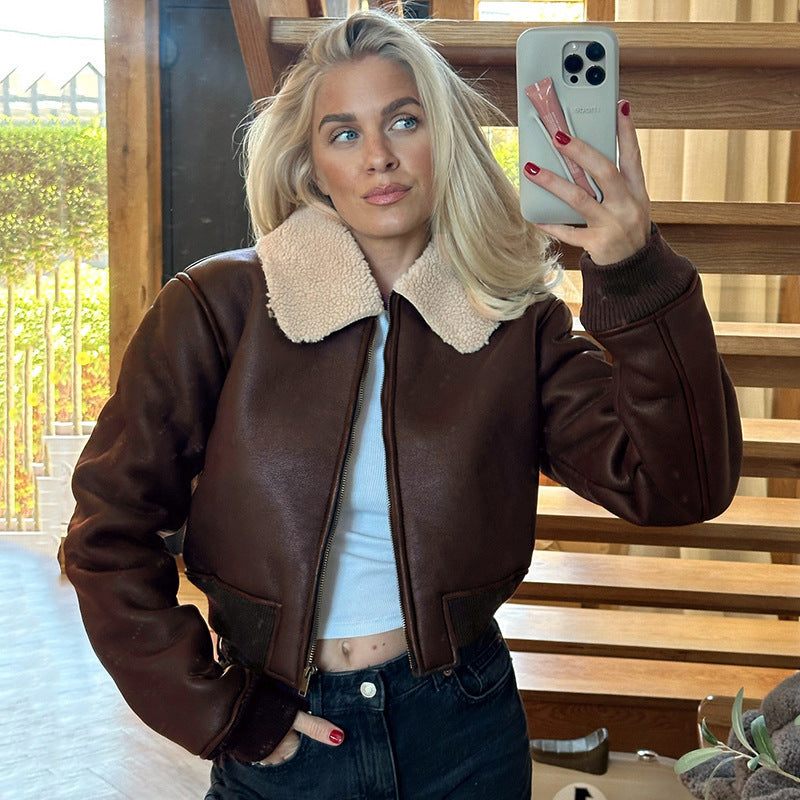 Solid faux leather jacket with knitted fur collar and zipper in basic street fashion style