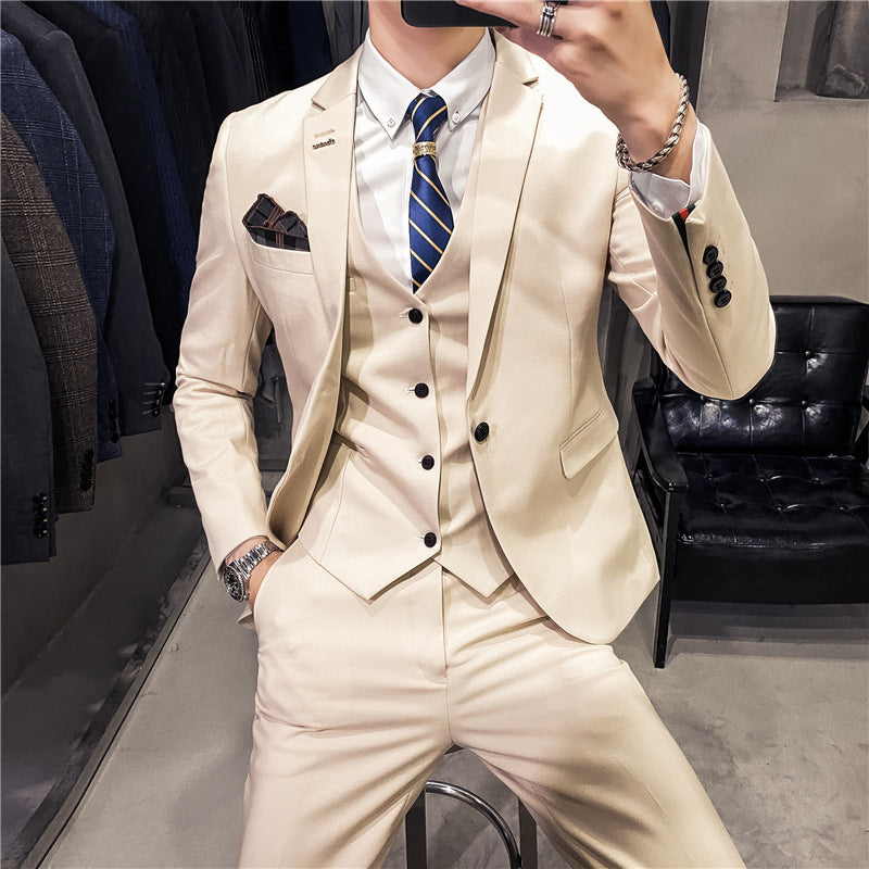 Slim Fit Solid Color One-Button Business Three-Piece Suit
