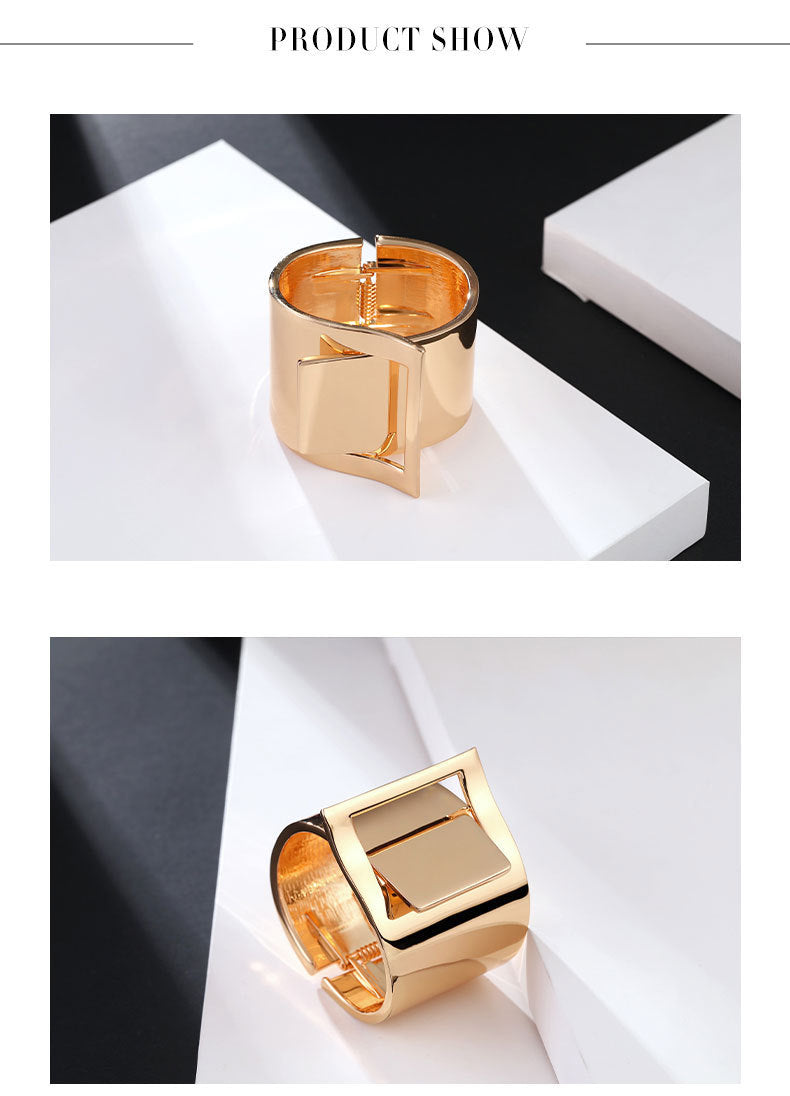 Wide Edge Gold Plated Bracelet with Geometric Buckle – Shiny and Modern