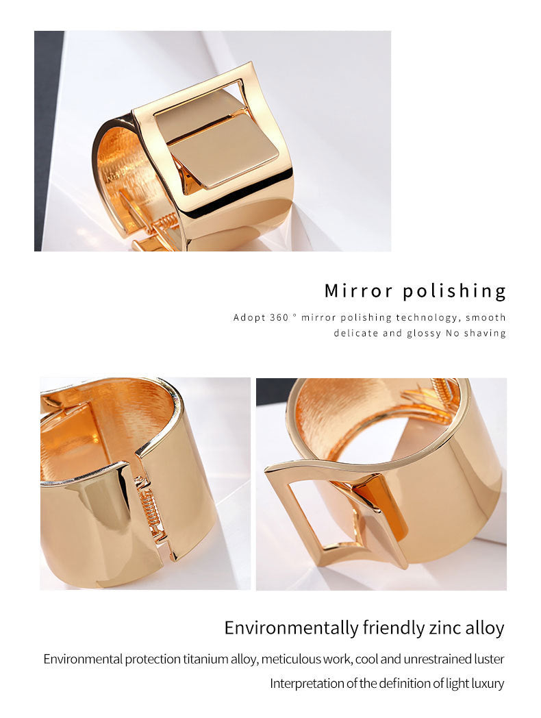Wide Edge Gold Plated Bracelet with Geometric Buckle – Shiny and Modern