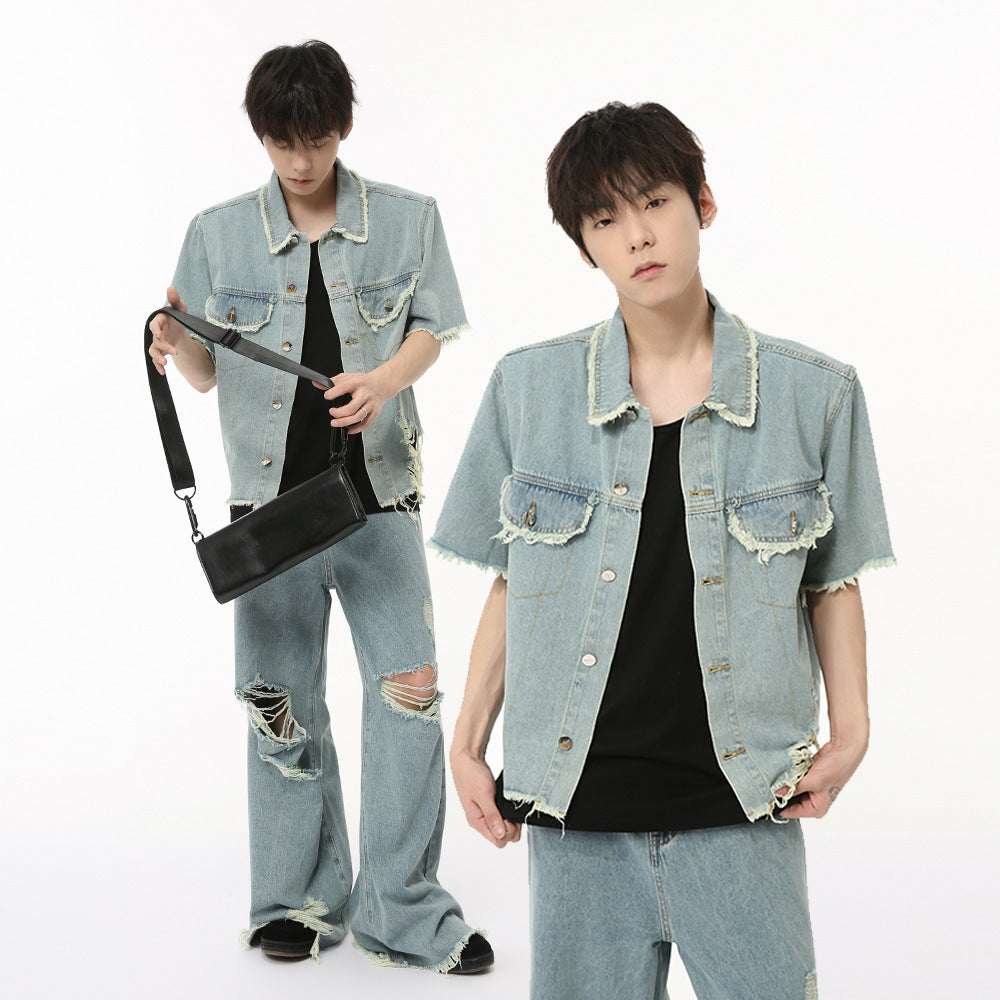 Amerikanischer Pu Shuai Burrs Tassels Broken Hole Design Denim Anzug