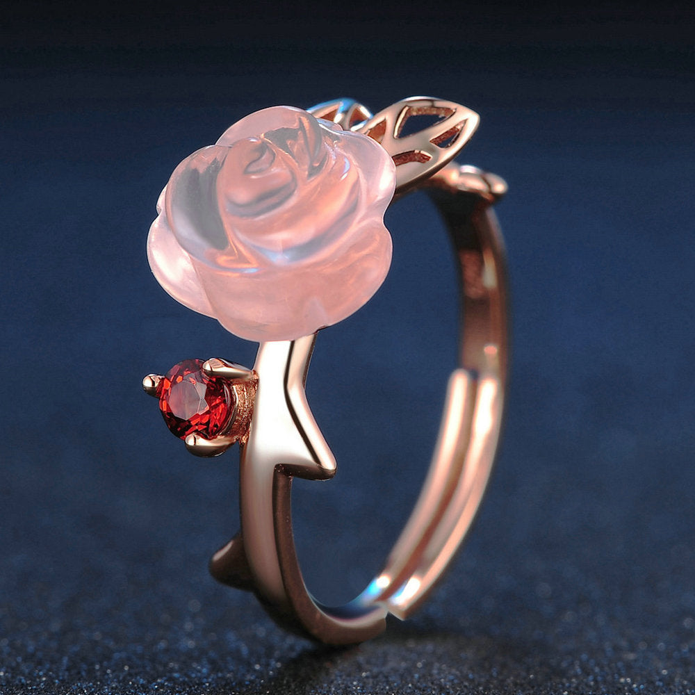 Flower Rose Quartz Gemstones 18K Rose Gold Plated Fine Jewelry Silver Set