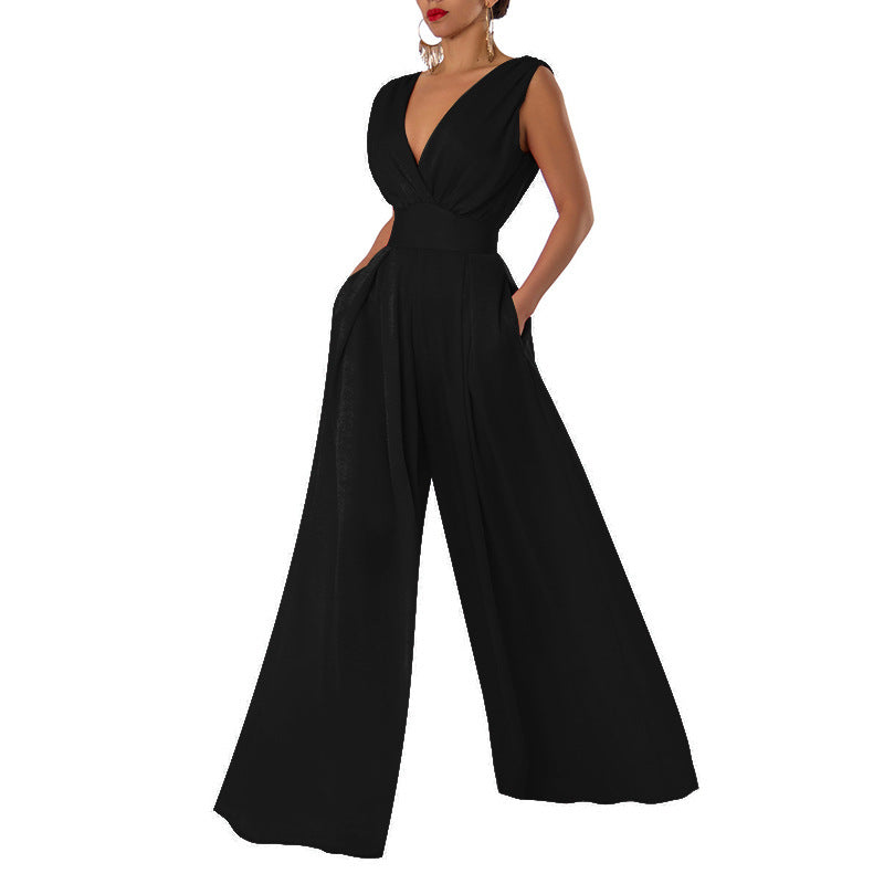 Solid Color V-Ausschnitt High-Waist Jumpsuit mit weiten Hosenbeinen