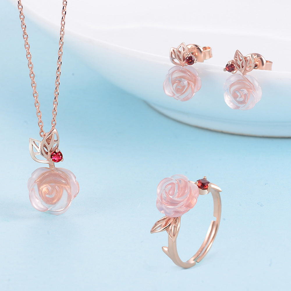 Flower Rose Quartz Gemstones 18K Rose Gold Plated Fine Jewelry Silver Set