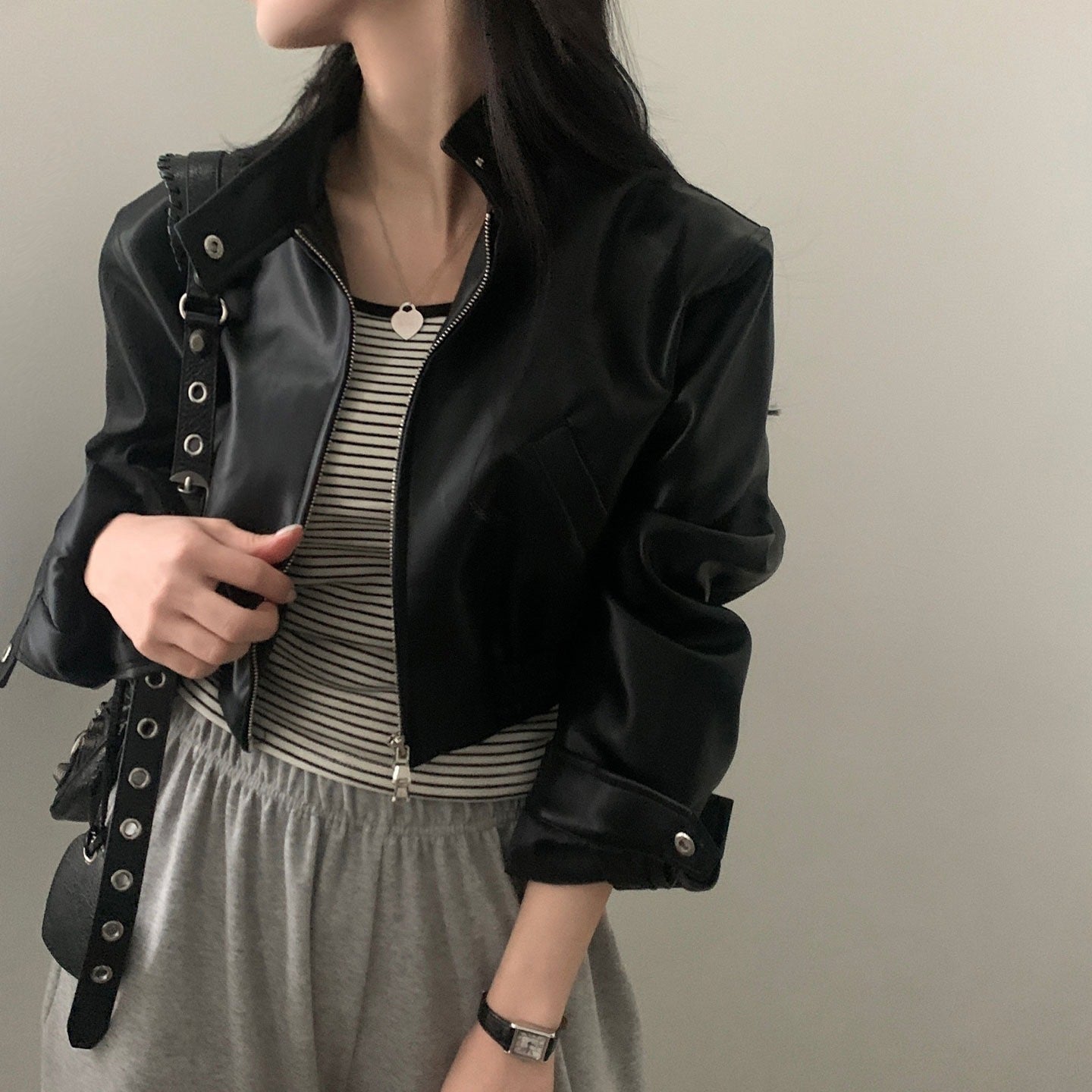 French retro design biker leather jacket for women with zip, stand collar, elastic waist and short cut
