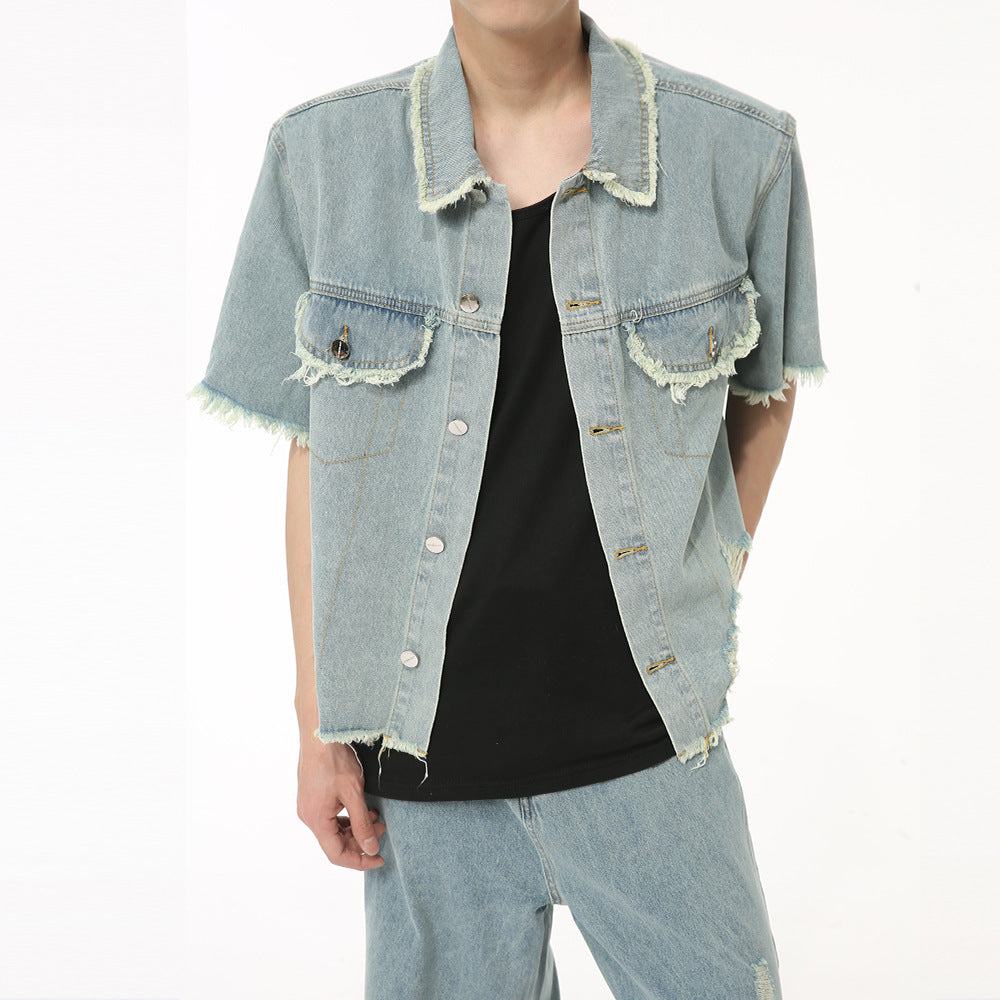 Amerikanischer Pu Shuai Burrs Tassels Broken Hole Design Denim Anzug