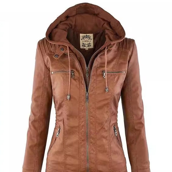 Damen-Lederjacke mit abnehmbarem Revers, langen Ärmeln und Reißverschluss