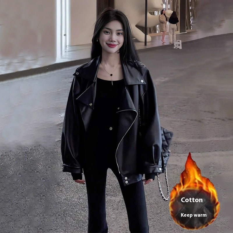 Casual Loose Small Plus Size Black Leather Coat for Women