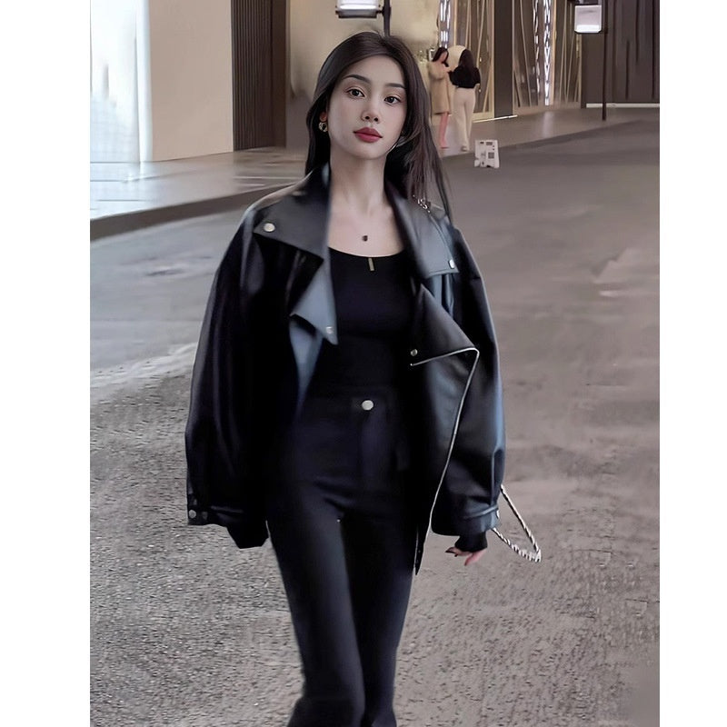 Casual Loose Small Plus Size Black Leather Coat for Women
