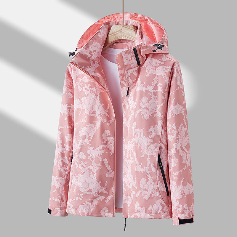 Printed Hooded Windbreaker, Unisex Fashion Solid Color Zipper Jacket Waterproof Windproof Outdoor Clothing for Women Men